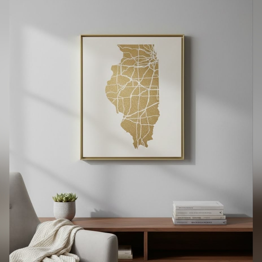 Framed Gold Metallic Illinois State Canvas Print Modern Wall Art​​ Midwest